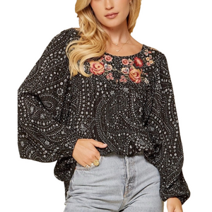 Savanna Jane Black Boho Floral Embroidered Blouse Relaxed‎ Fit M